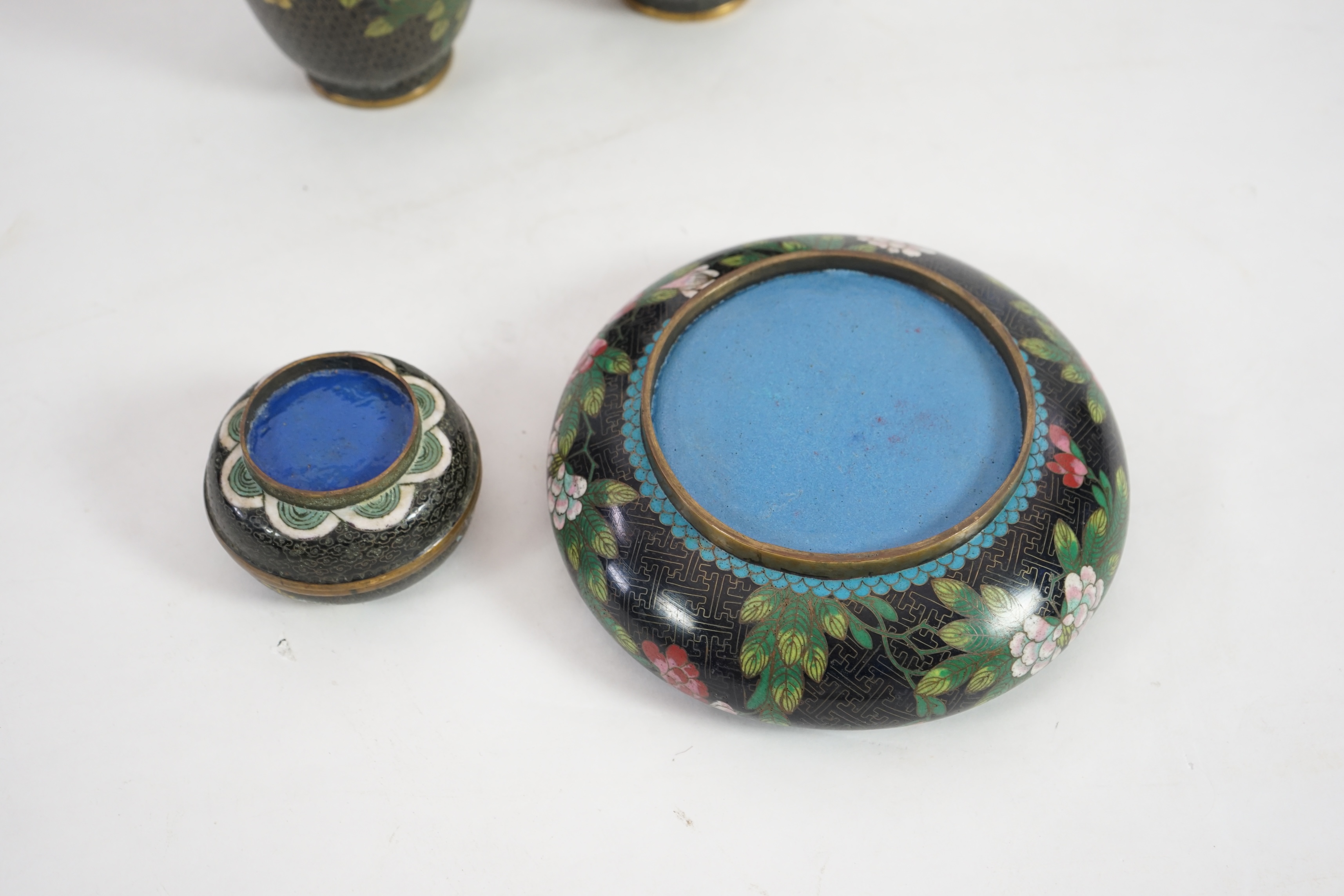 A group of modern Chinese black ground cloisonné wares